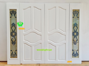 ประตูบานคู่ไม้สัก ประตูบ้านไม้สัก BB107.3 80-200 ,40-200 B+ C5 (กระจกฟ้า)