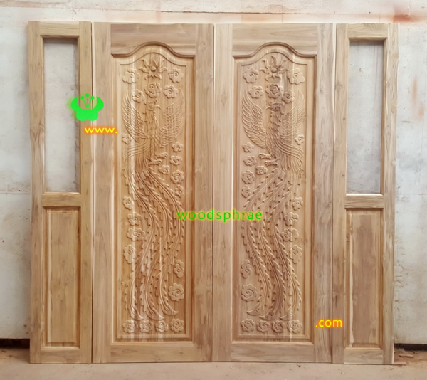 ประตูบานคู่ไม้สัก ประตูบ้านไม้สัก BB213.1 70-200, A25 35-200 B+ข้างขา3นิ้ว