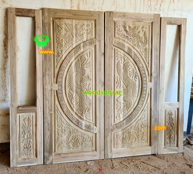 ประตูบานคู่ไม้สัก ประตูบ้านไม้สัก BB232.2 80-200 B+ ,บานข้าง 39.5-197 B