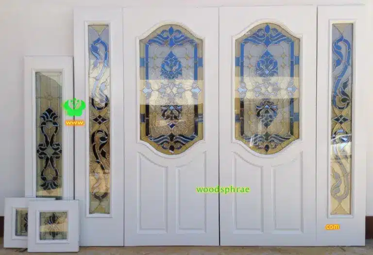 บานประตูไม้สักกระจกนิรภัย ชุด 7 ชิ้น รหัส BBB 105 (สีขาว)