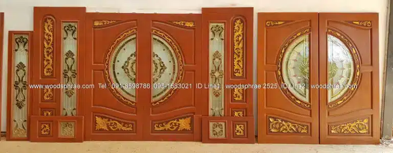 ประตูไม้สักกระจกนิรภัย สีไม้สักทองเข้ม เบอร์ 2 (ซ้าย)