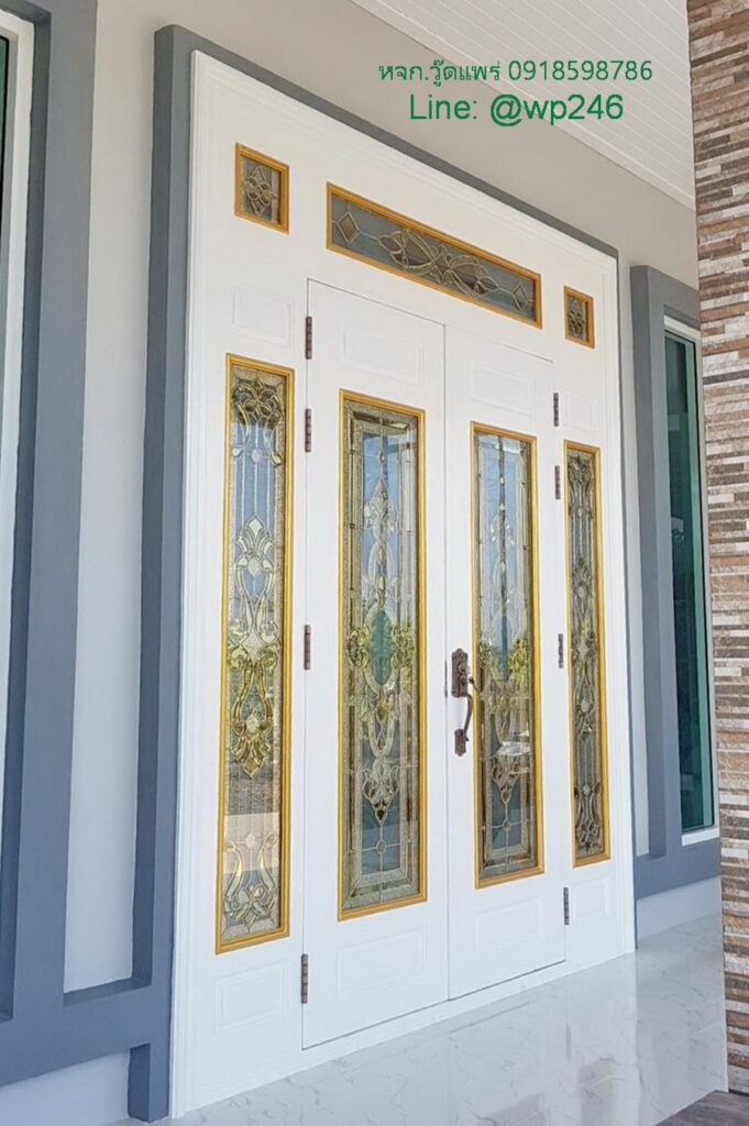 ประตูไม้สักกระจกนิรภัย บานคู่ สีขาว